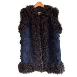 NEW Sea New York Blue & Brown‎ Lamb Fur Embroidered Floral Lace Vest Small